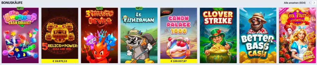 Zoccer Casino Bonuskäufe Slot Spiele Lobby mit verschiedenen Spielautomaten