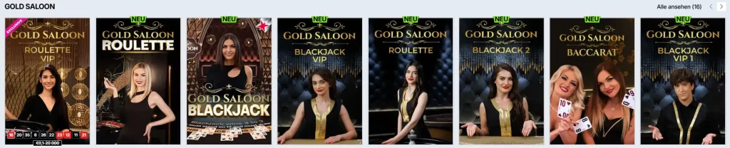 Zoccer Casino Gold Saloon Live Casino Lobby mit Roulette Blackjack und Baccarat
