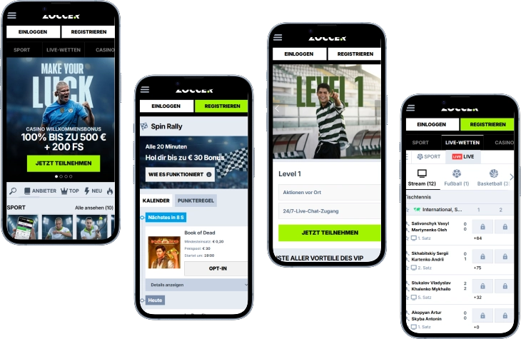 Zoccer Casino mobile Ansichten mit Bonusbereich VIP Level und Live Wetten