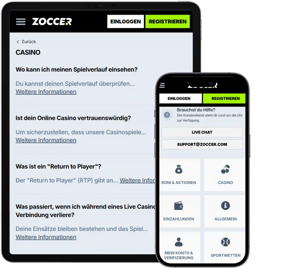 Zoccer Casino mobile Hilfezentrum Ansicht mit Live Chat Support und FAQ Bereichen