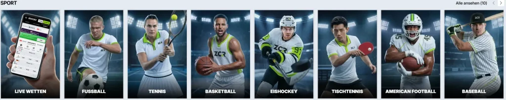 Zoccer Casino Sportwetten Lobby mit Live Wetten Fußball Tennis Basketball Eishockey und Baseball